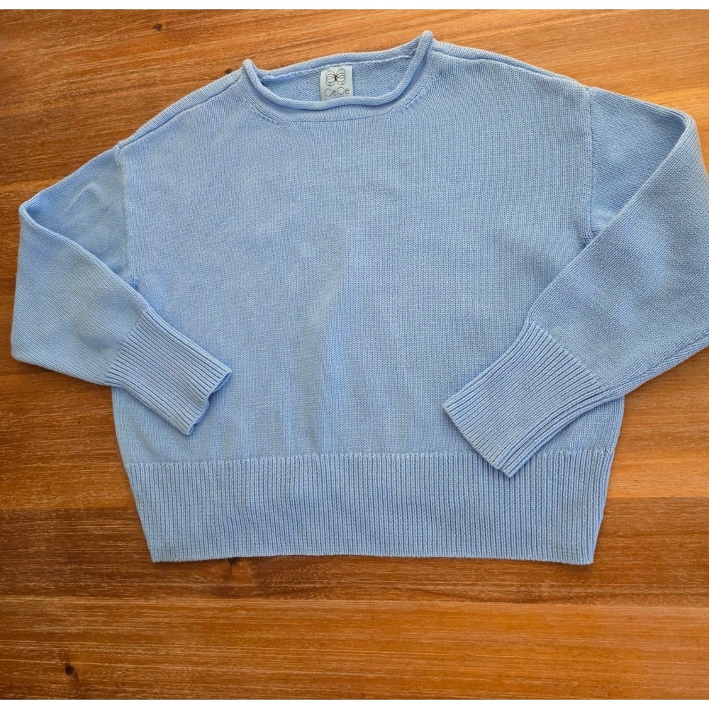 CeCe Light Blue 100% Cotton Knit Sweater Crew Neck Boxy Pullover Womens Medium